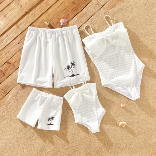 Family Matching Drawstring Swim Trunks or White Bow Accent Eyelet Strap One-Piece Swimsuit 