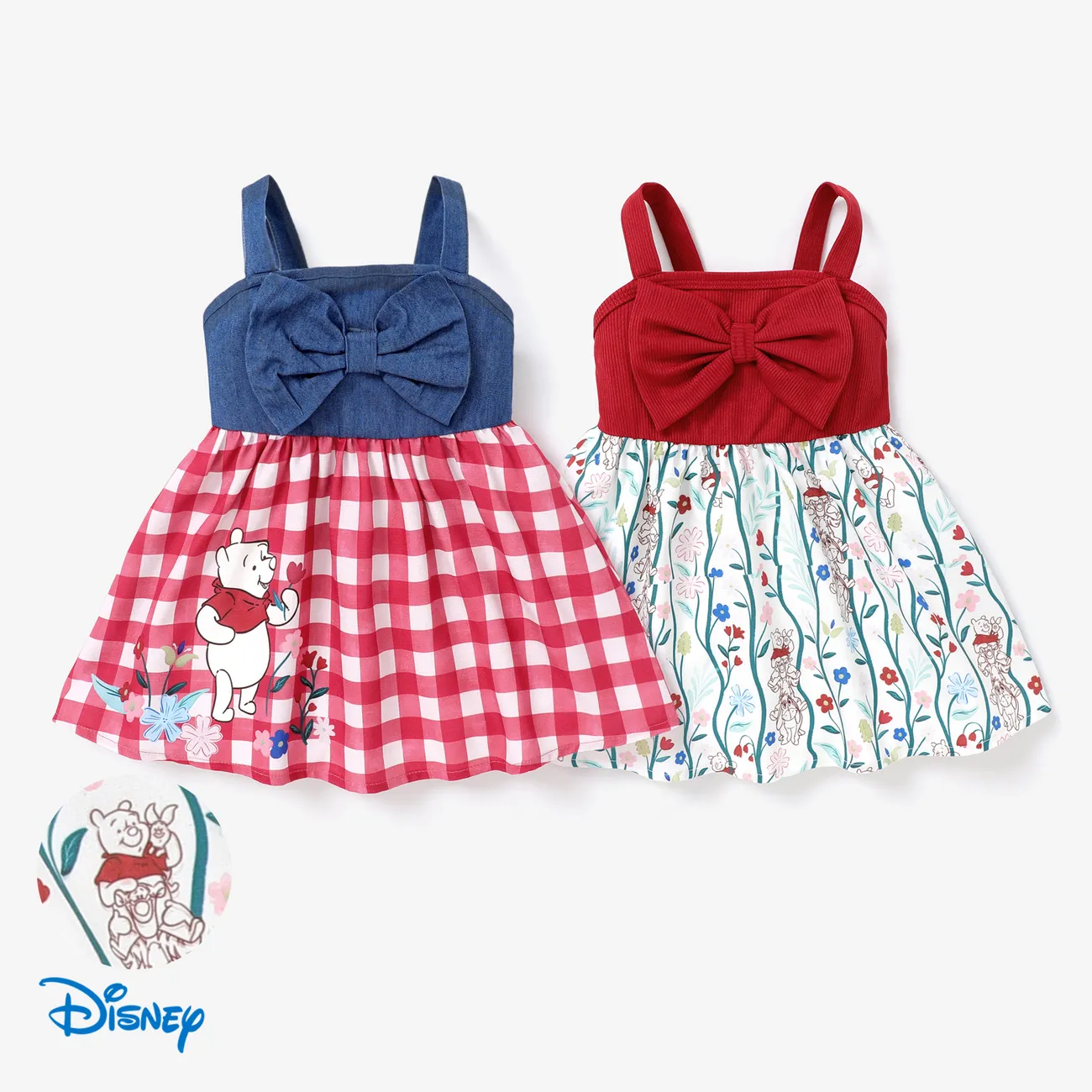 迪士尼小熊維尼 1 件裝嬰幼兒女孩蝴蝶結設計格子/花卉圖案連衣裙
 紅色 big image 1