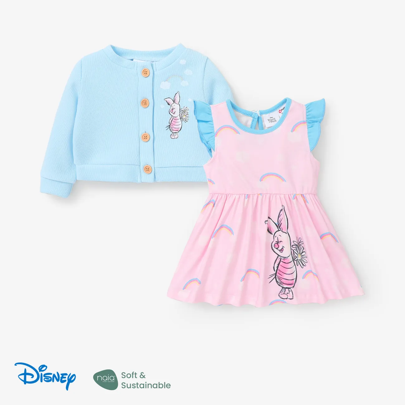 Disney Winnie the Pooh Baby Girl 2pcs Cardigan and Character Naia™ Print Dress Set Light Blue big image 1