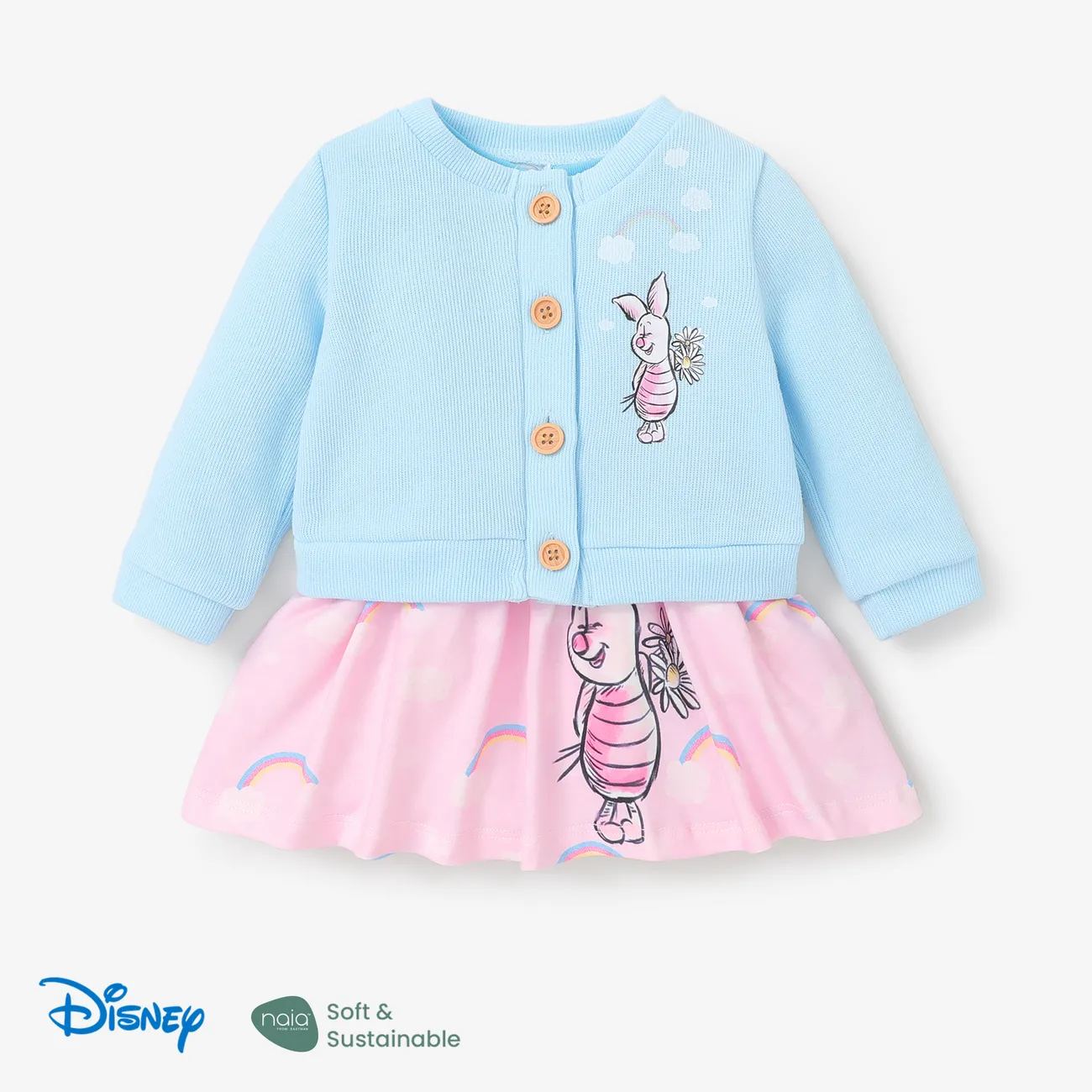 Disney Winnie the Pooh Baby Girl 2pcs Cardigan and Character Naia™ Print Dress Set Light Blue big image 1