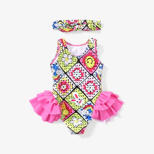 2pcs Toddler/Kid Girl Sweet Graffiti Ruffled One-Piece Swimsuits with Headband
