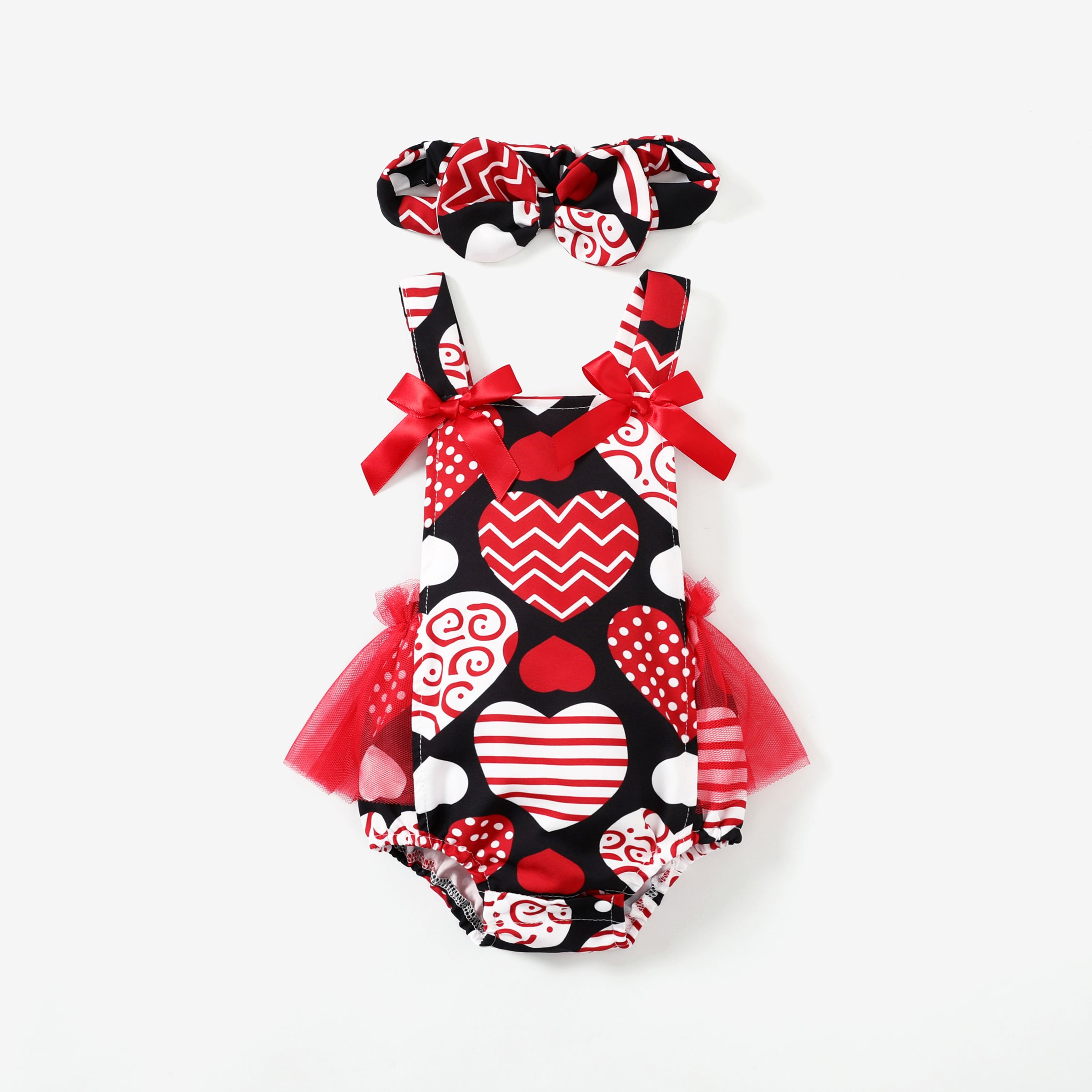 2pcs Baby Girls Valentine's Day Pink Heart Ruffle Edge Mesh Overalls And Headband Set