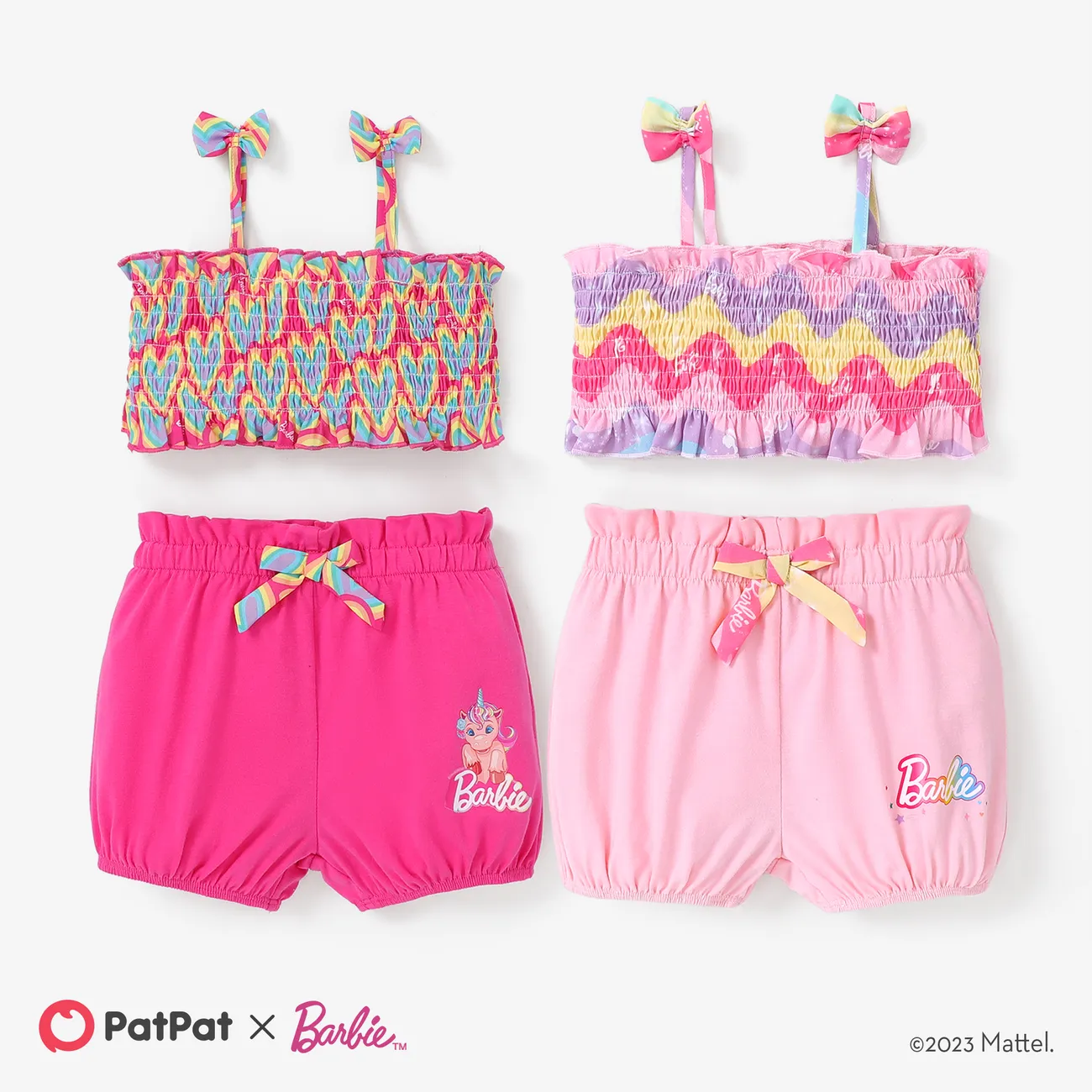 Barbie 2pcs Baby/Toddler Girls Top with All-over Heart/Colorful printed Bow Camisole and Soft Cotton Lantern Shorts Set
 Roseo big image 1