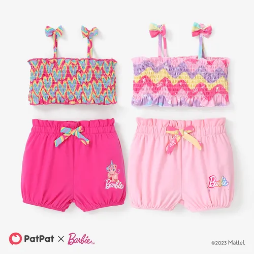 Barbie 2pcs Baby/Toddler Girls Top with All-over Heart/Colorful printed Bow Camisole and Soft Cotton Lantern Shorts Set
