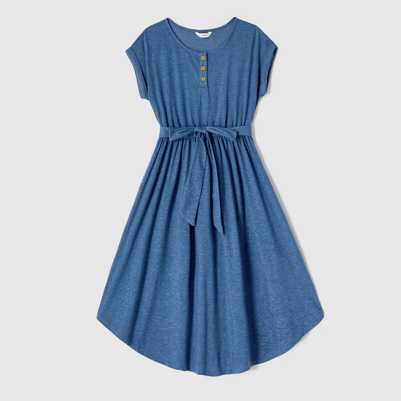 family matching blue cap-sleeve belted midi dresses and short-sleeve striped spliced t-shirts sets