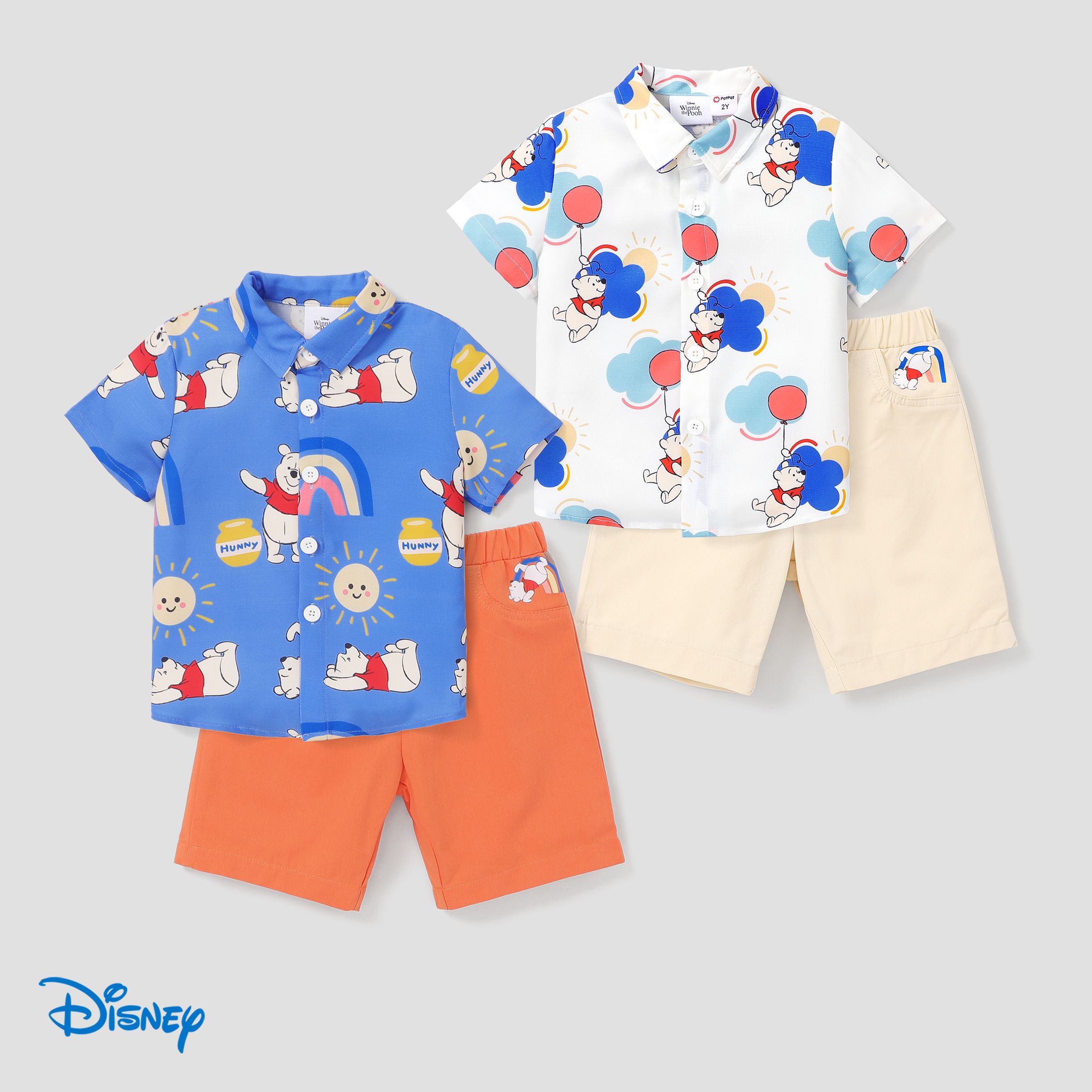 迪士尼小熊維尼幼兒男孩 2 件套翻領和短褲襯衫
