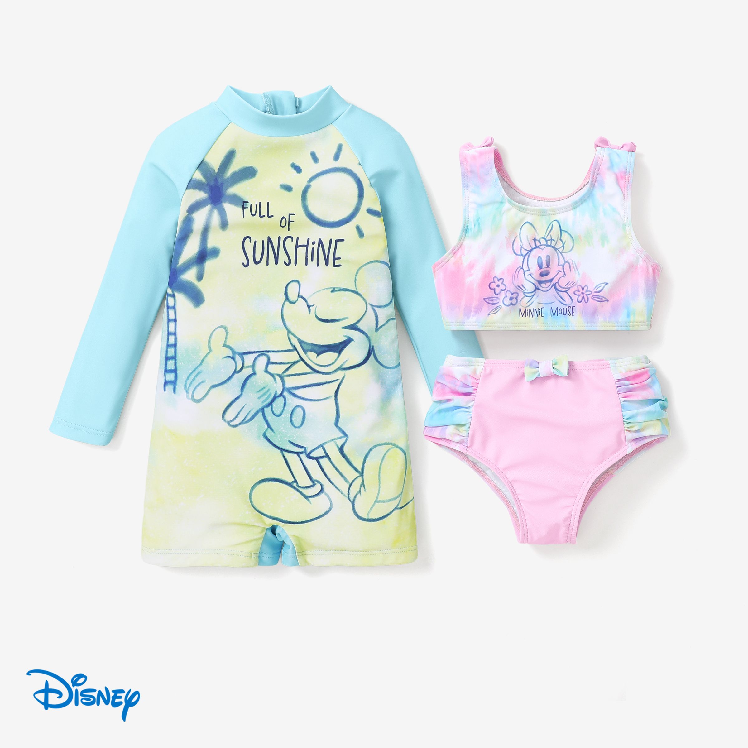 迪士尼米奇和米妮男嬰漸變色印花連體泳衣或女嬰蝴蝶結泳裝套裝