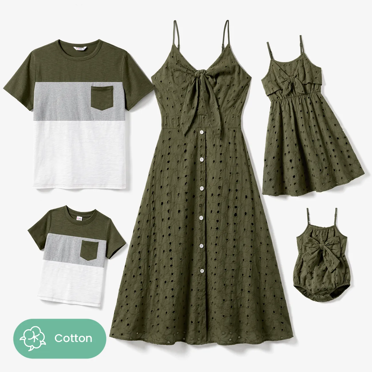 Family Matching Colorblock T-Shirt and Embroidered Eyelet Neck Tie Button Strap Dress Sets Army green big image 1