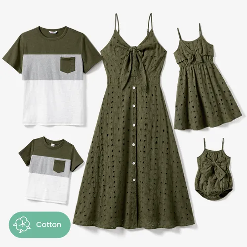 Conjuntos de vestidos de camiseta de bloques de color a juego para la familia y collar bordado con ojal con correa de botón