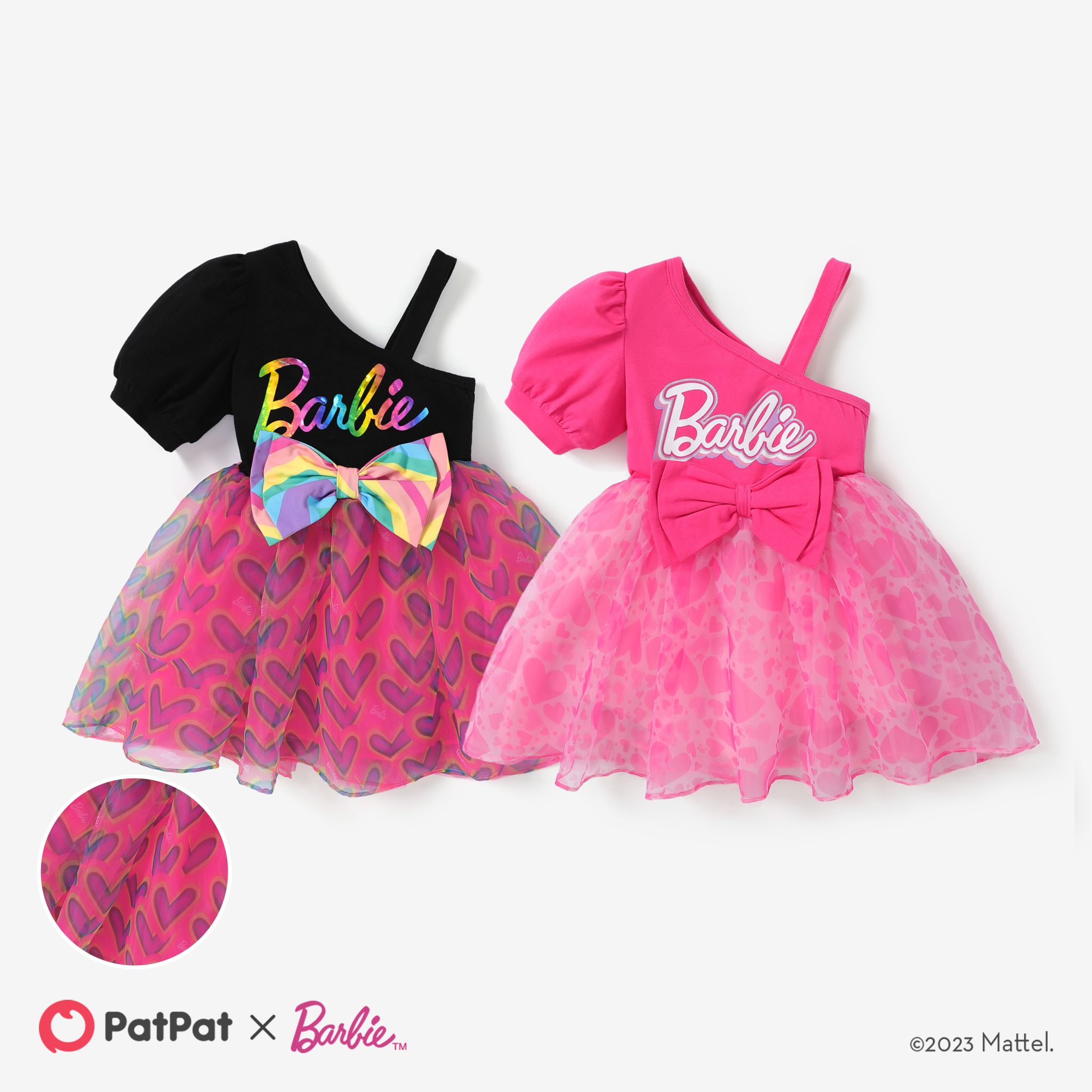 芭比娃娃 1 件裝幼兒女孩心形蝴蝶結單肩喇叭形網眼連衣裙