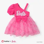 Barbie 1pc Toddler Girls Heart-shaped Bownot One-Shoulder Flare Mesh Dress Roseo