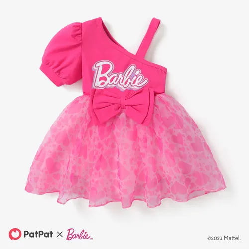 Barbie 1pc Niñas Pequeñas Bowknot Vestido de Malla Flare de un Hombro en forma de Corazón

