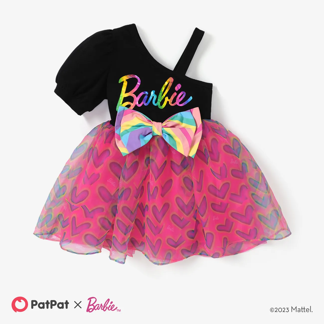 Barbie 1pc Toddler Girls Heart-shaped Bowknot One-Shoulder Flare Mesh Dress

 Black big image 1