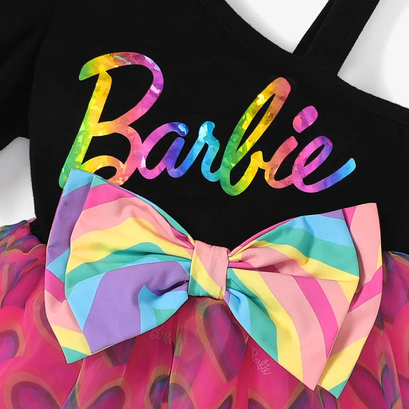 Barbie 1pc Toddler Girls Heart-shaped Bowknot One-Shoulder Flare Mesh Dress

 Black big image 1