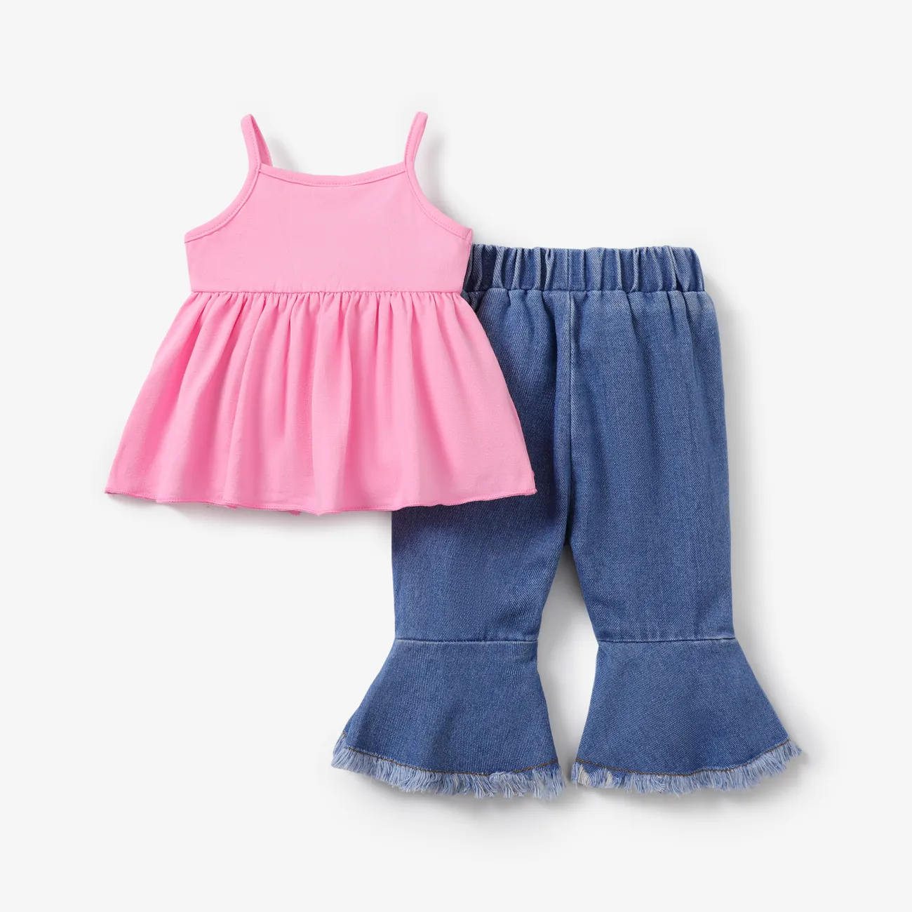 2pcs Baby Girl Sweet Cami Top and Denim Ripped Jeans Set Pink big image 1