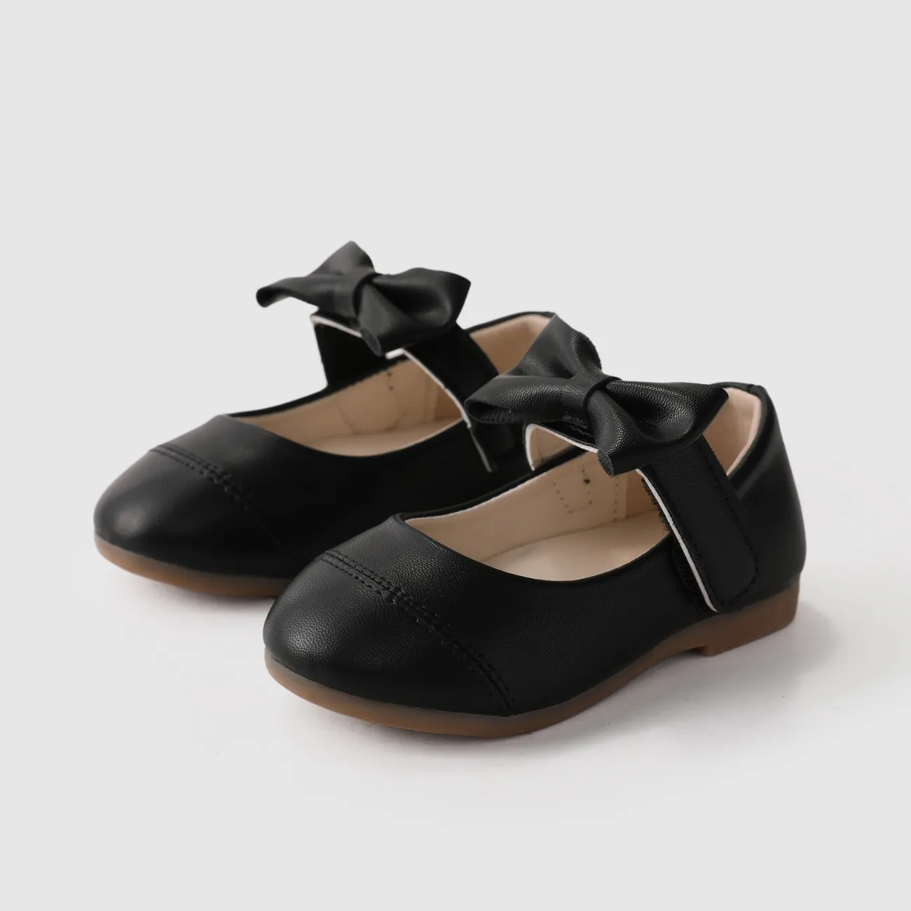 طفل صغير / أطفال فتاة الصلبة فرط اللمس 3D القوس التعادل أحذية جلدية  أسود big image 1