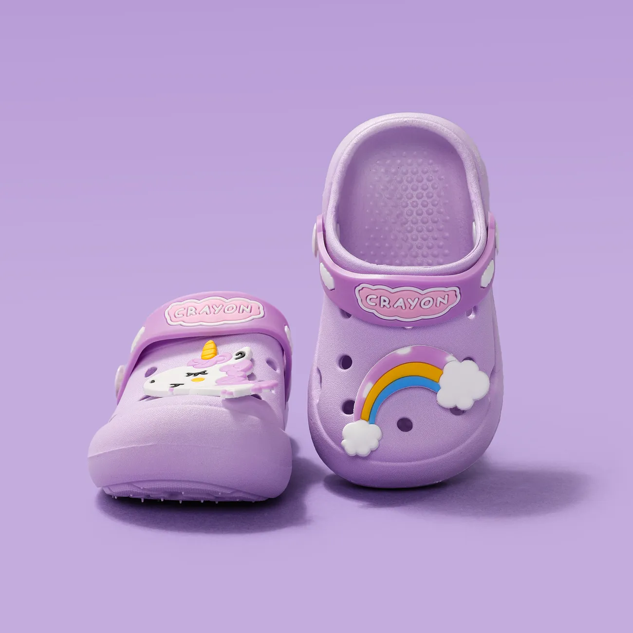 蹣跚學步/兒童女孩童趣塗鴉彩虹和獨角獸圖案洞沙灘鞋 淺紫 big image 1