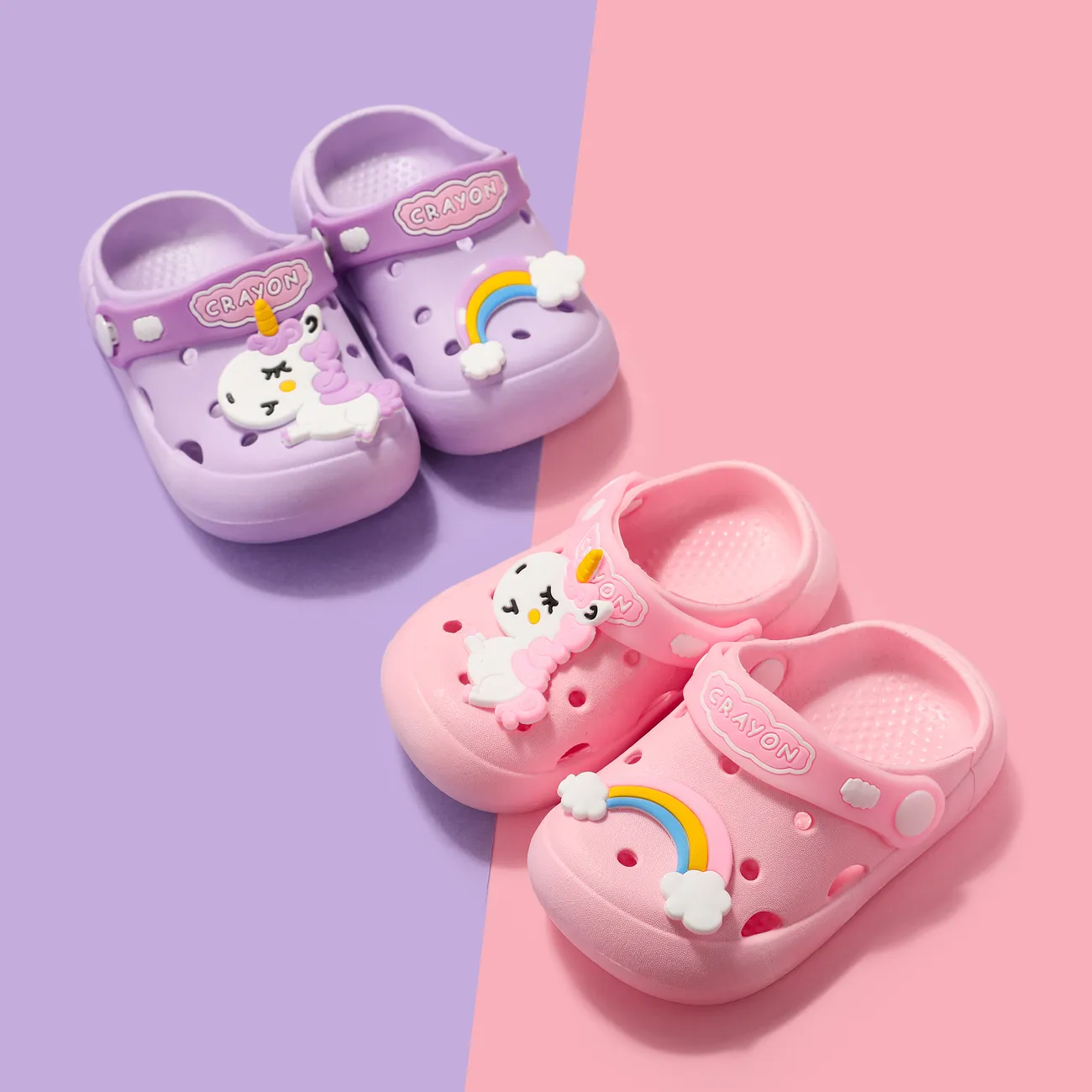 Zapatos de playa con agujero de arco iris y unicornio de graffiti infantil para niños pequeños / niños Violeta claro big image 1