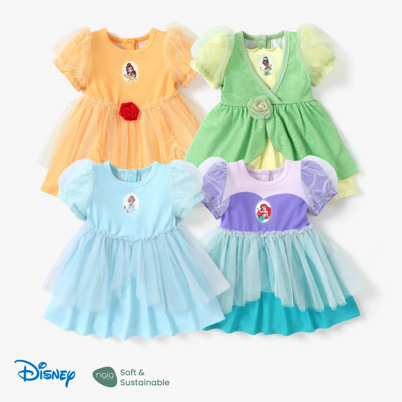 Disney Princess Baby/Toddler Girl Naia™ Ariel Character Print Puff sleeves Cosplay Mesh Dress Green big image 1