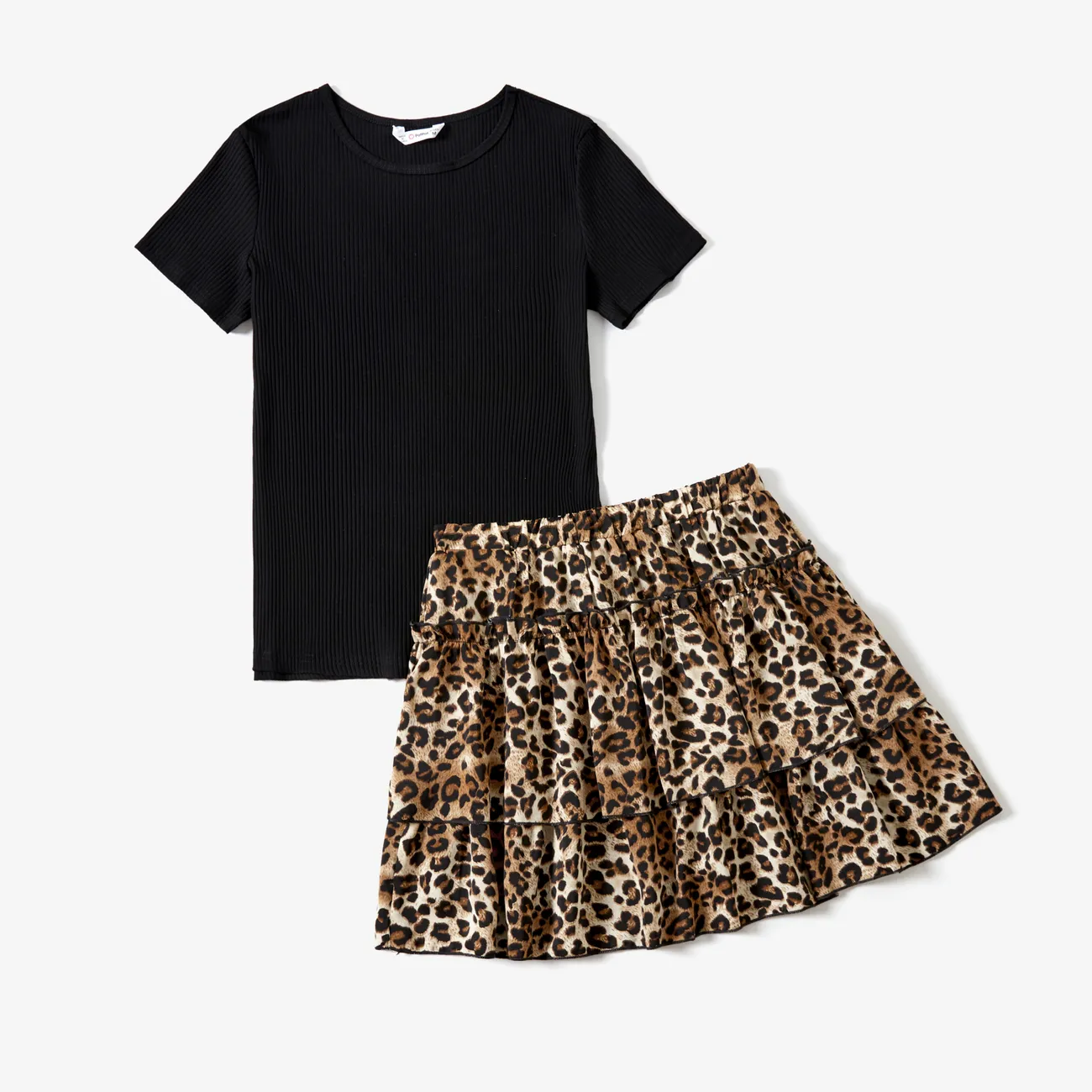 Mommy and Me Rib Black Top and Leopard Print Tiered Pleated Skirt Sets Black big image 1
