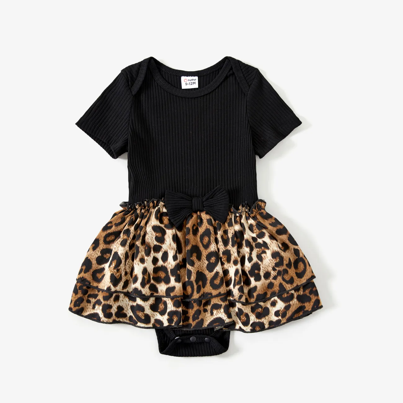 Mommy and Me Rib Black Top and Leopard Print Tiered Pleated Skirt Sets Black big image 1