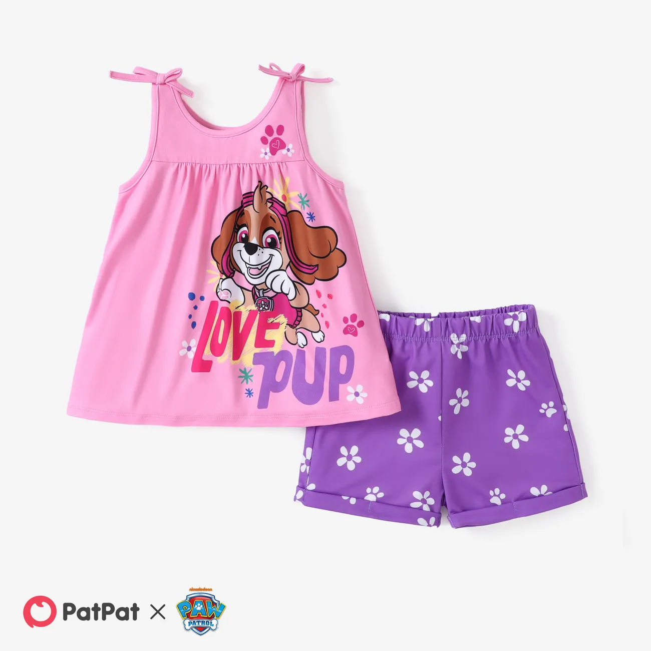 Paw Patrol 2pcs Toddler Girls Character Rainbow Floral Print Bow Camisole with Shorts Set pinkpurple big image 1