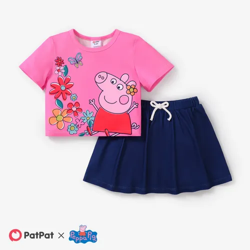 Peppa Pig 2pcs Toddler Girls Personagem Estampa Arco-íris/fFloral T-shirt e saia com shorts Baby Underwear

