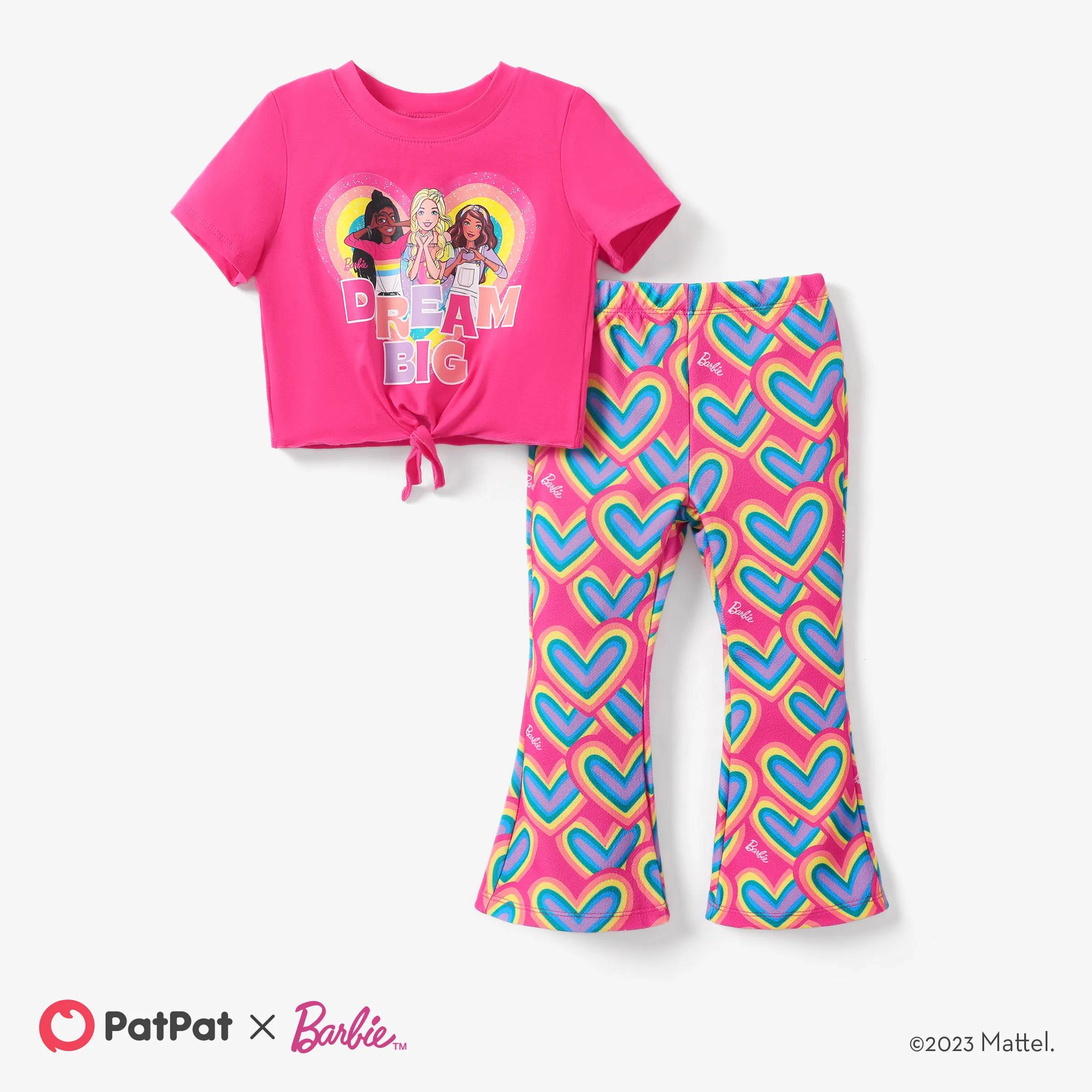 芭比娃娃幼兒/兒童女孩母親節 2 件裝角色印花 T 恤，帶心形通體喇叭套裝