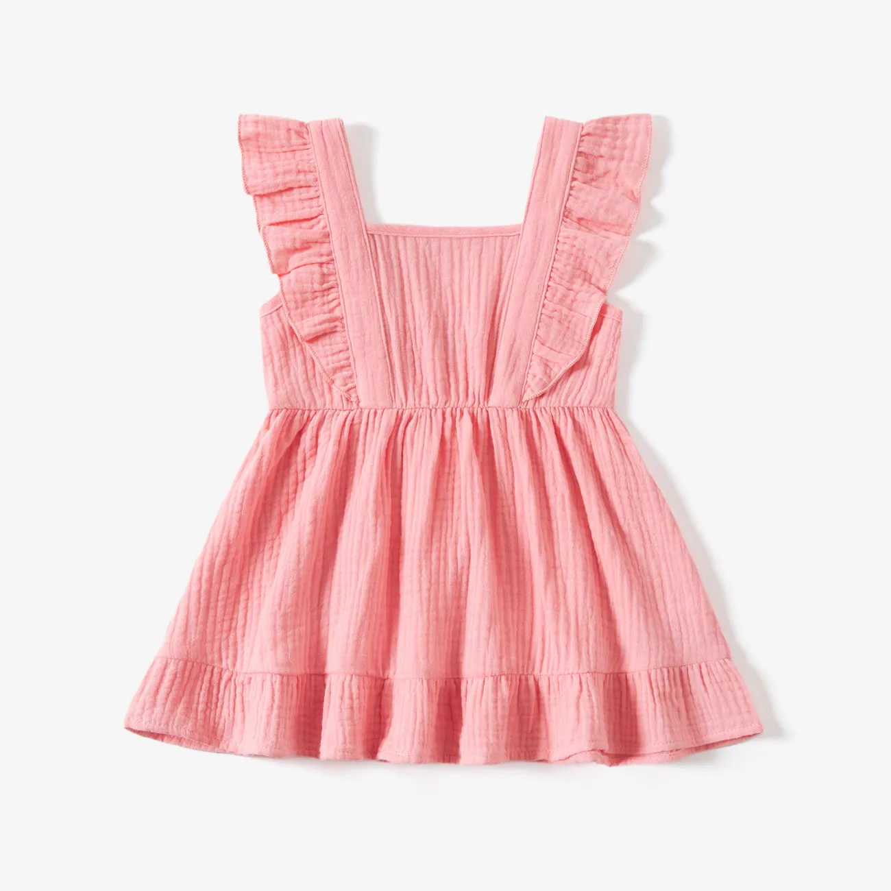 Family Matching Plaid Shirt and Pink Cotton Shirred Back Lace Waist Flutter Strap Dress Sets Pink big image 1