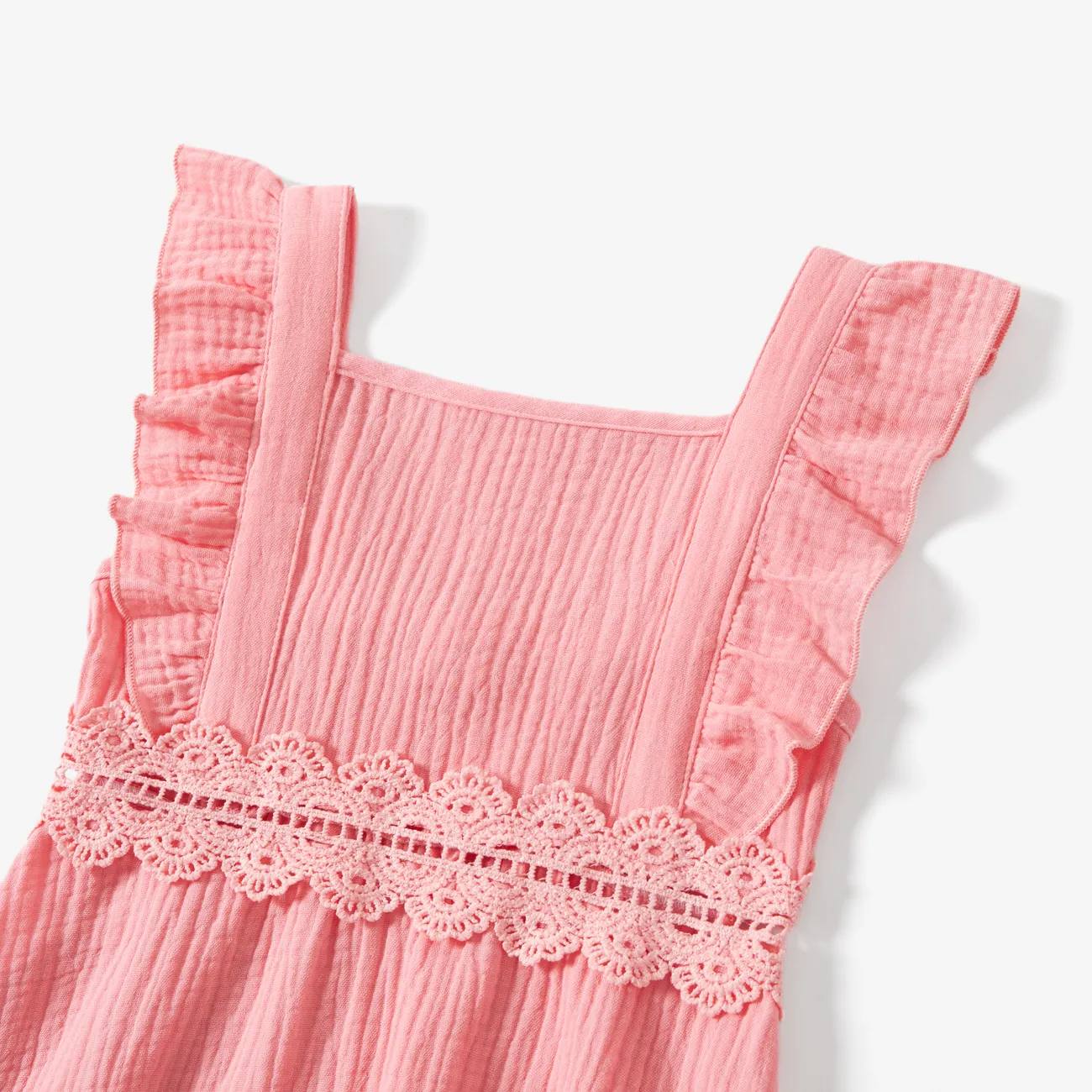 Family Matching Plaid Shirt and Pink Cotton Shirred Back Lace Waist Flutter Strap Dress Sets Pink big image 1