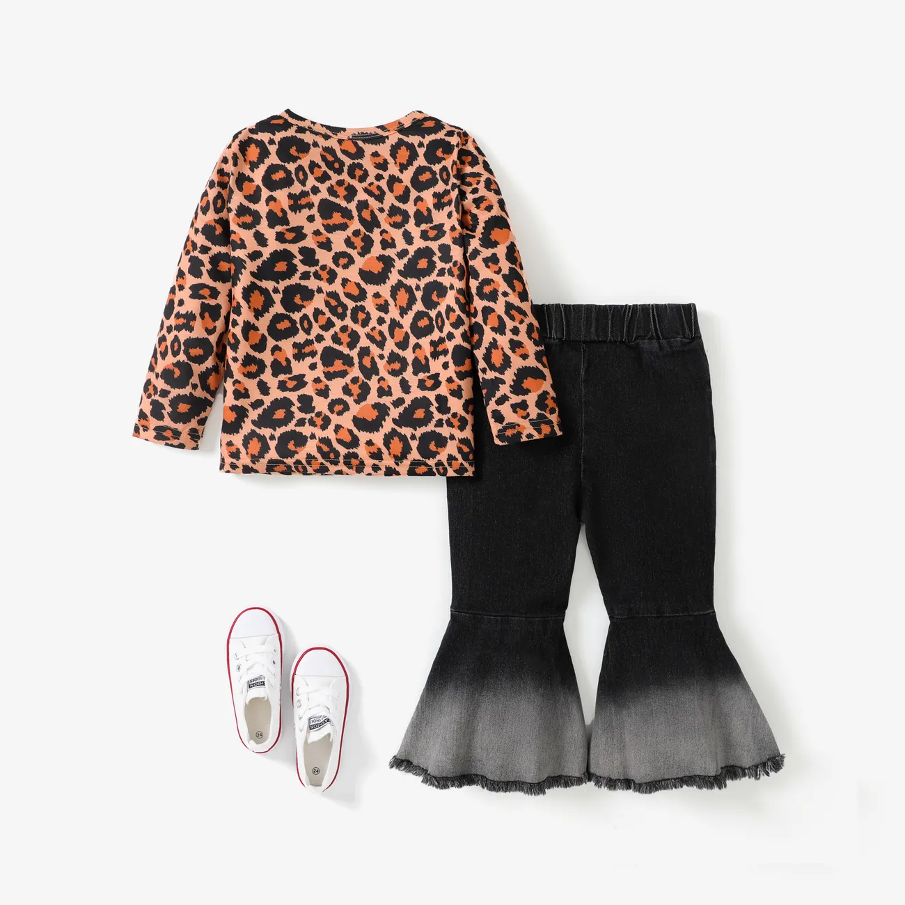 2pcs Toddler Girl Fashionable Leopard Print Tee and Denim Flared Jeans Set Black big image 1