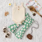2pcs Baby Girl Ribbed Spaghetti Strap Romper and Allover Daisy Floral Print Flared Pants Set Dark Green
