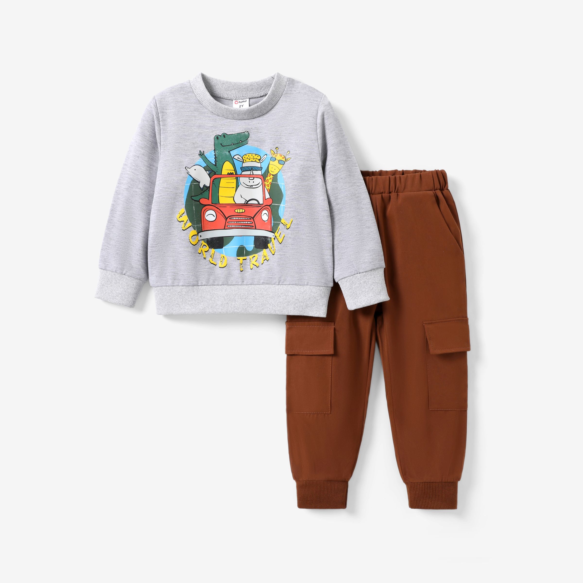 

2pcs Toddler Boy's Solid Color Cute Animal Giraffe Pattern Top and Pants Sets