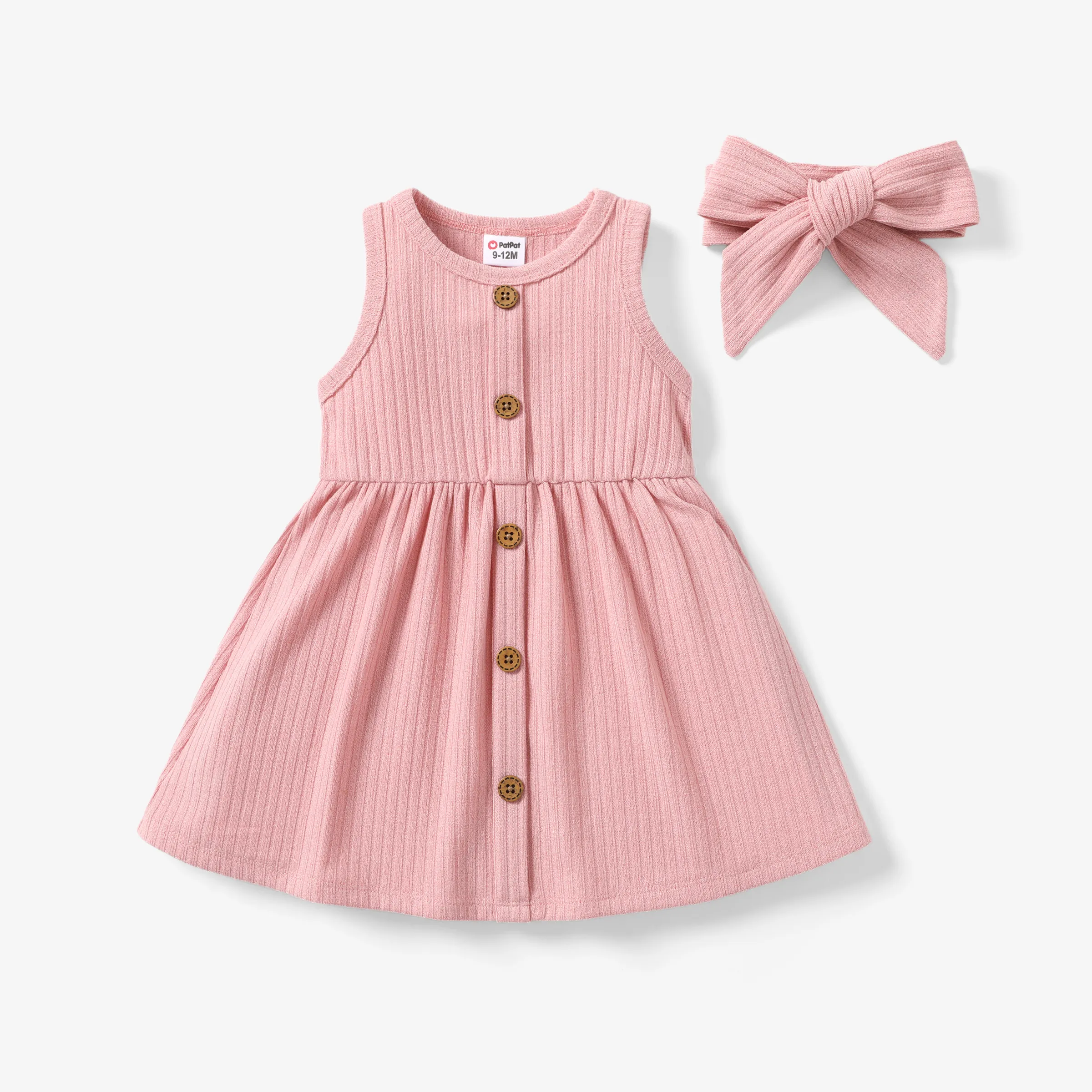 Baby Girl Casual Button Design Textured Dress with Headband