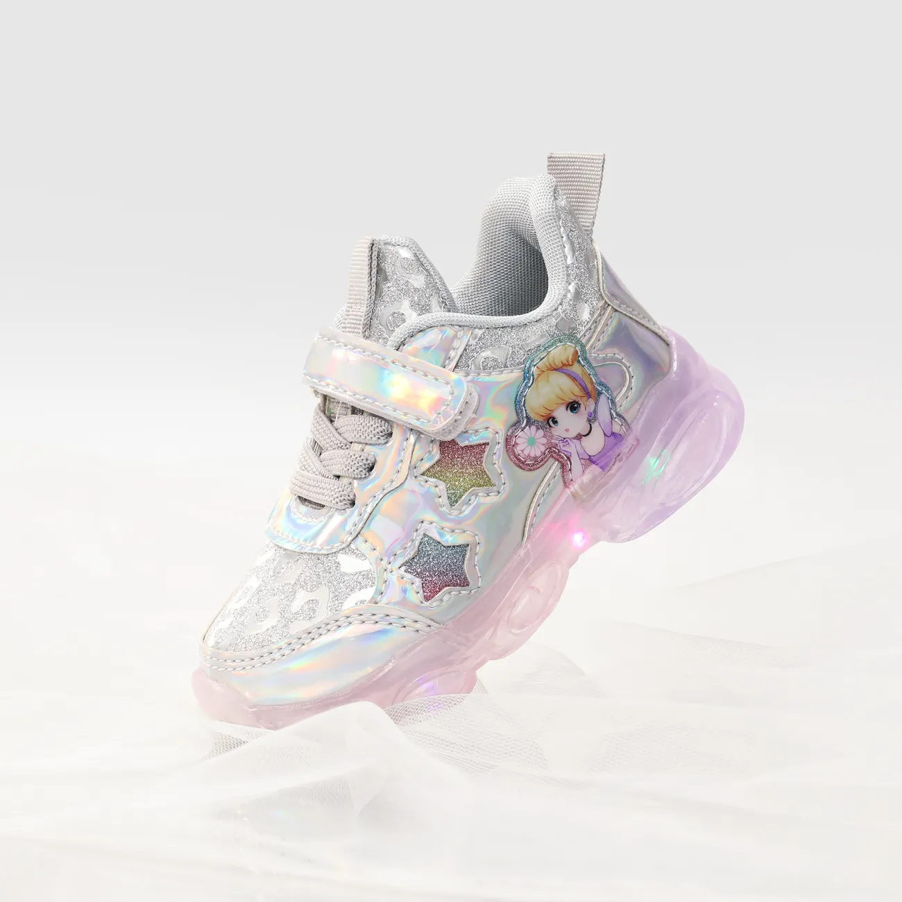 Toddler/Kids Girl Graffiti Stitched Gloss LED Sports Shoes Silver big image 1