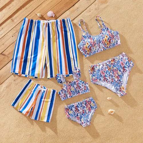 Family Matching Stripe Swim Trunks or Ditsy Floral Shirred Two-Piece Swimsuit 