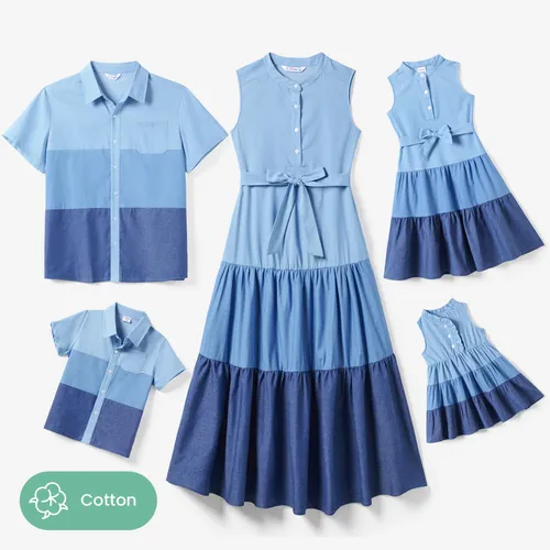 Family Matching Colorblock Shirt and Tiered A-line Pleated Dress Sets