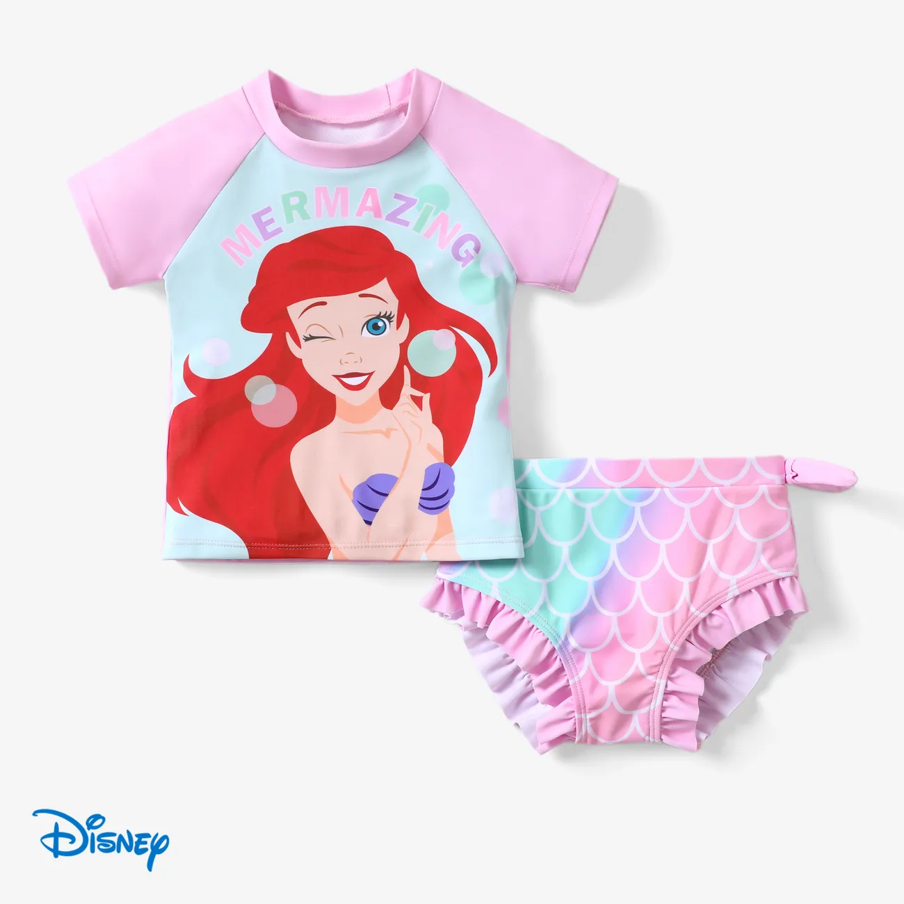 Disney Princess Toddler Girl 2pcs Ariel Character print Short-sleeve Top and Shorts Swimsuit Pink big image 1