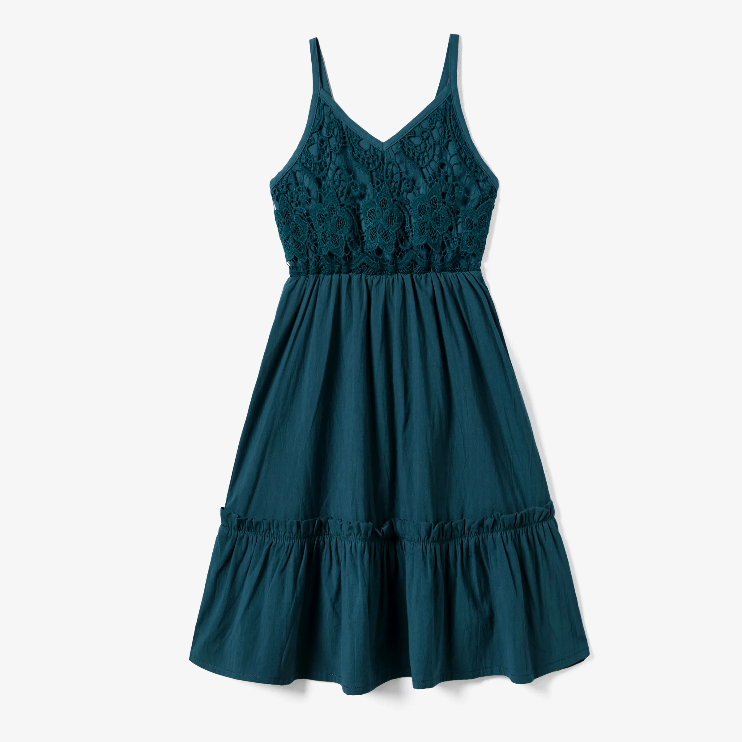 

Family Matching Color-Block Tee and Lace Ruffle Hem Strap Dress Sets