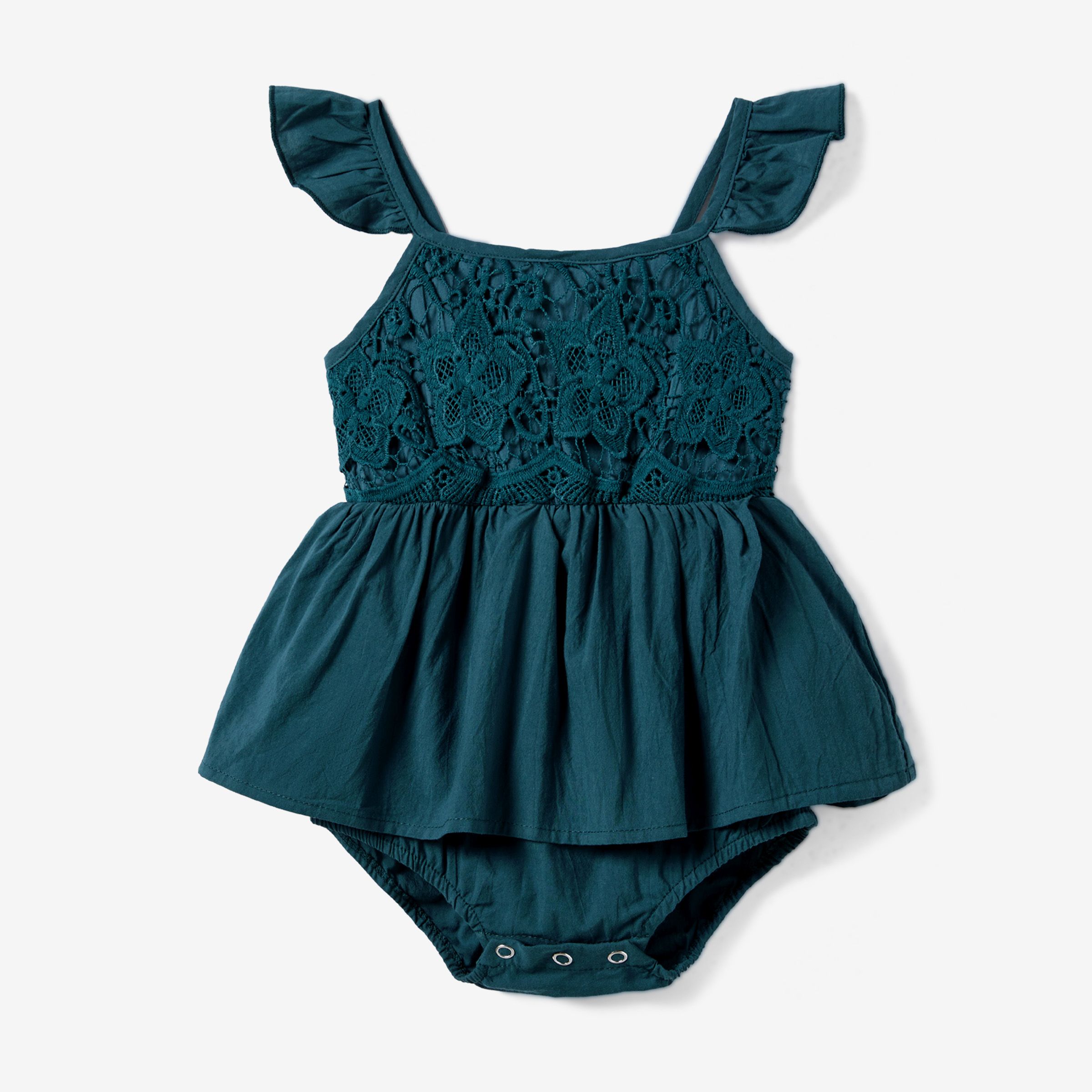 Family Matching Color-Block Tee and Lace Ruffle Hem Strap Dress Sets