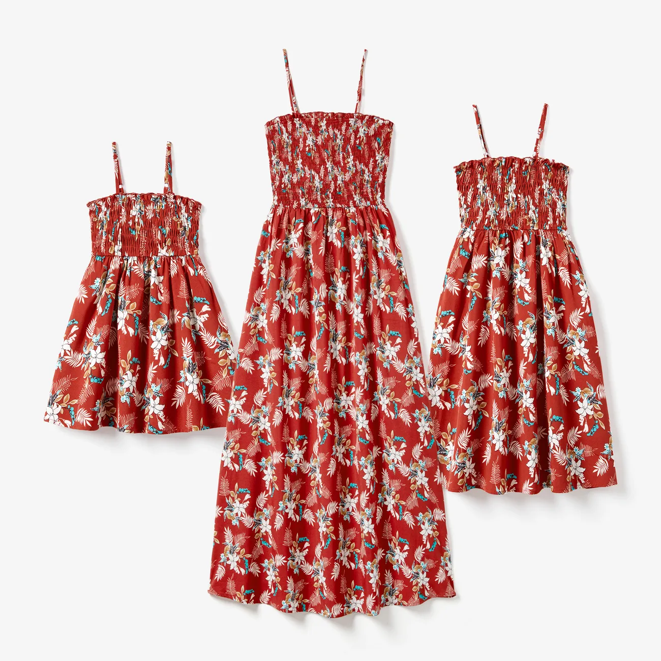 Mommy and Me Red Floral Shirred A-Line Strap Dress Red big image 1