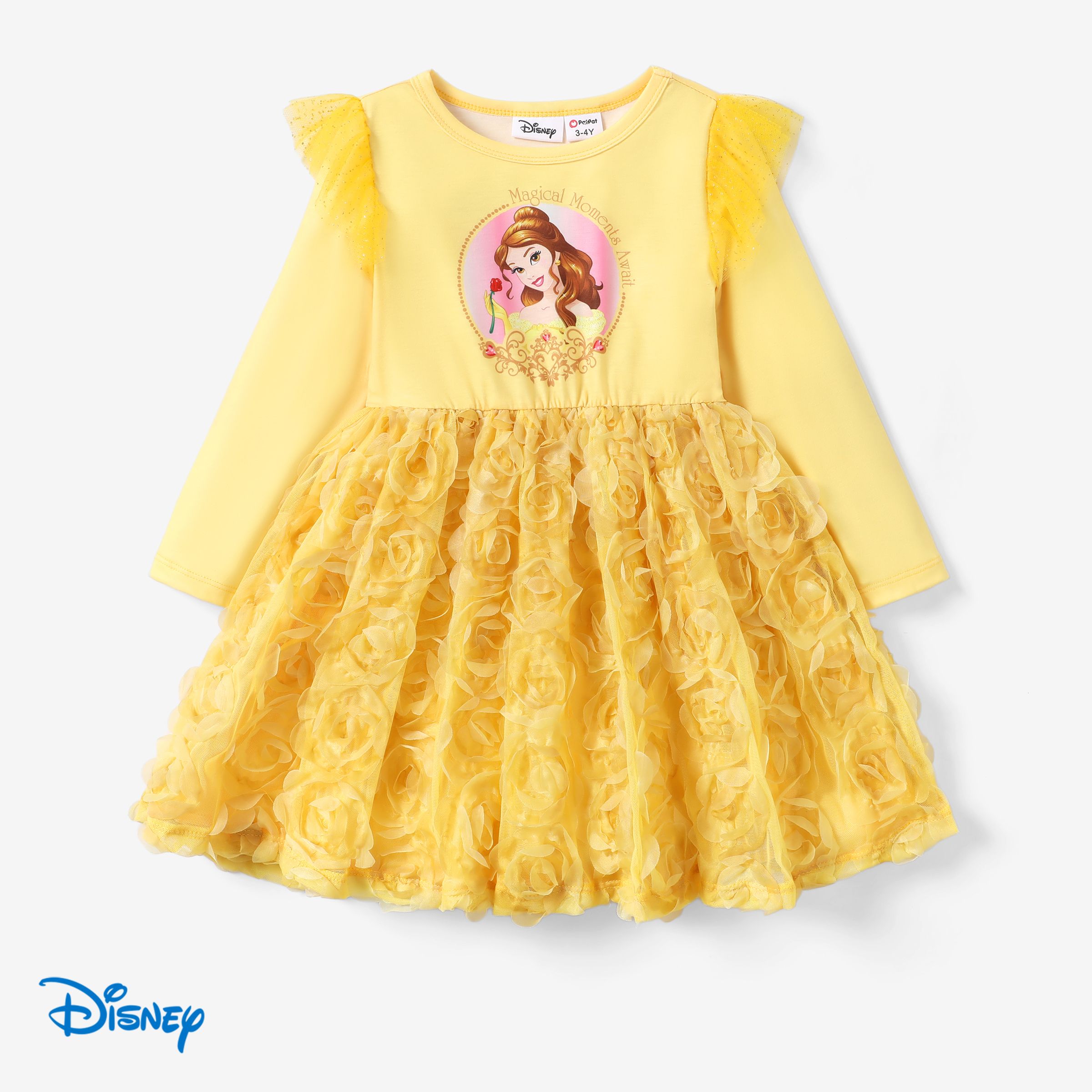 迪士尼公主蹣跚學步女孩 Belle Character 花卉印花派對網面連衣裙