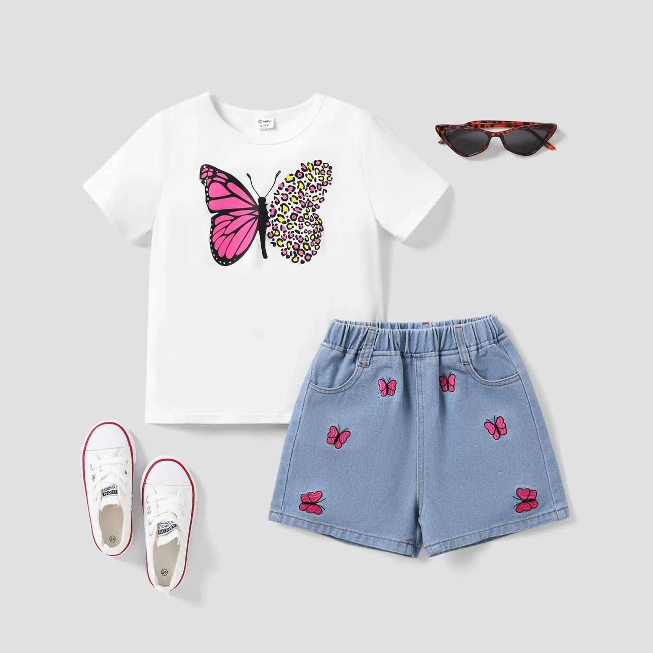 2pcs Kid Girls Avant-garde Animal Pattern Butterfly Tee and Denim Suits  White big image 1