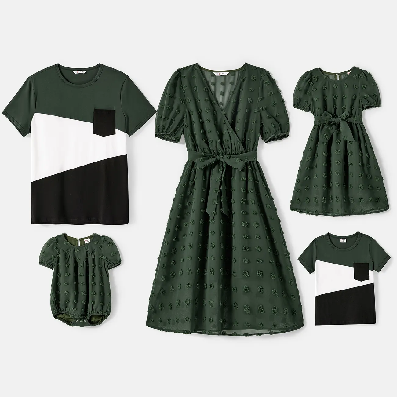 Family Matching Army Green Swiss Dots Cross Wrap V Neck Short-sleeve Dresses and Color Block T-shirts Sets Army green big image 1