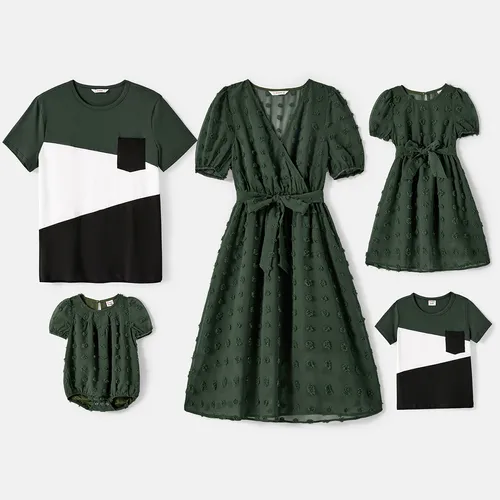 Family Matching Army Green Swiss Dots Cross Wrap V Neck Short-sleeve Dresses and Color Block T-shirts Sets