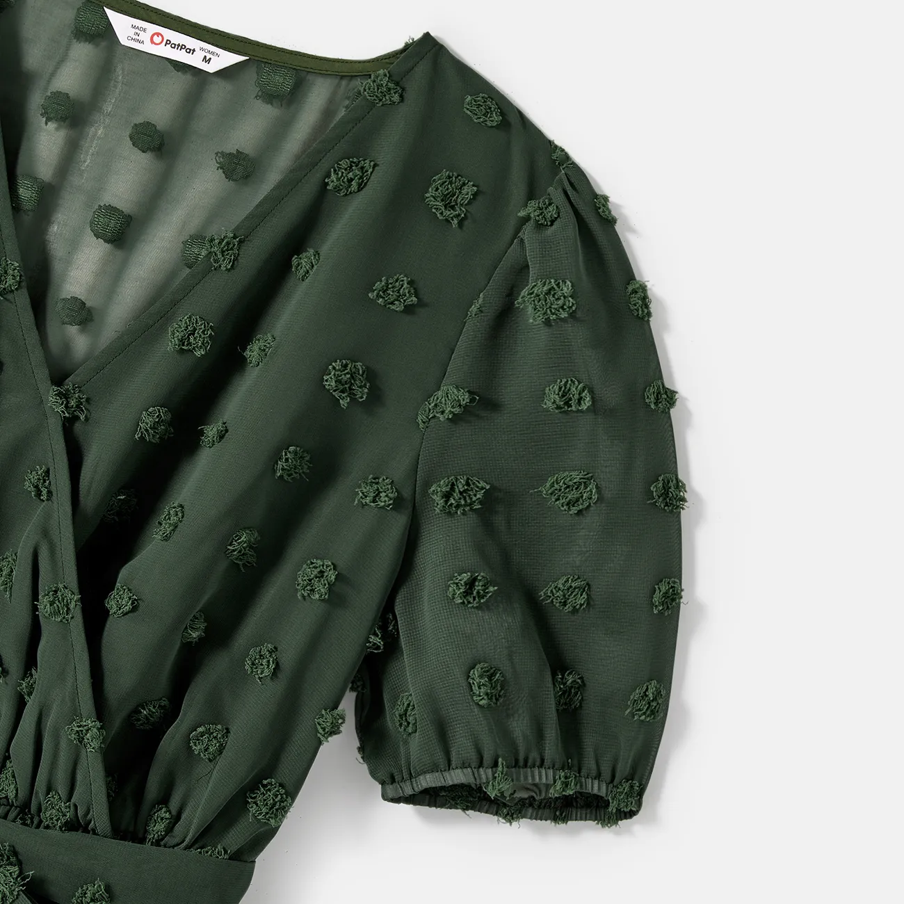 Women - Family Matching Army Green Swiss Dots Cross Wrap V Neck Short-sleeve Dresses and Color Block T-shirts Sets - Army green - image 4