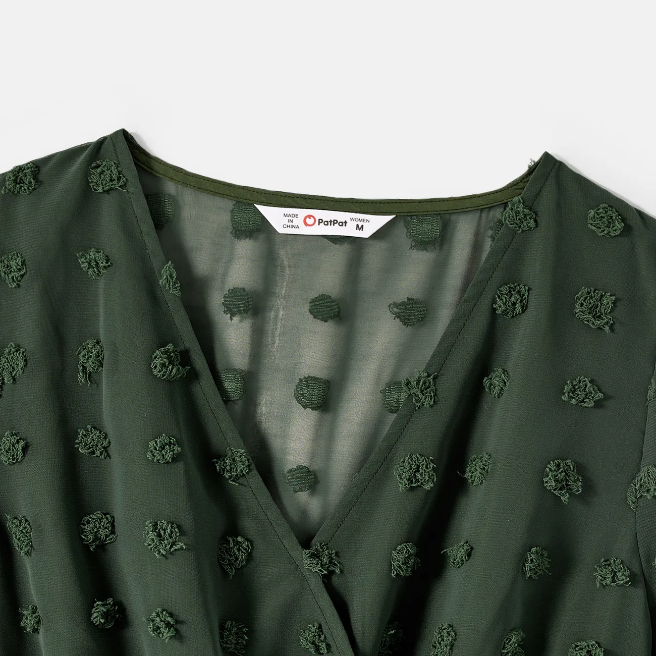 Women - Family Matching Army Green Swiss Dots Cross Wrap V Neck Short-sleeve Dresses and Color Block T-shirts Sets - Army green - image 3