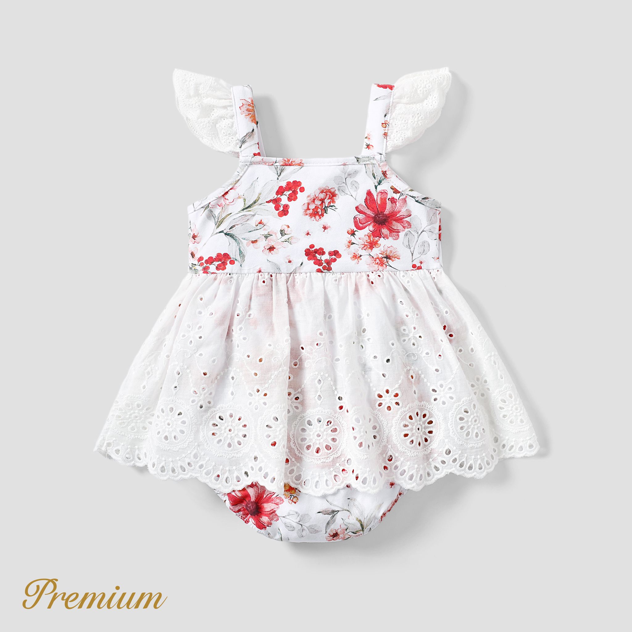 Baby Girl Cotton Floral Short Sleeves Romper With Ruffle Edge