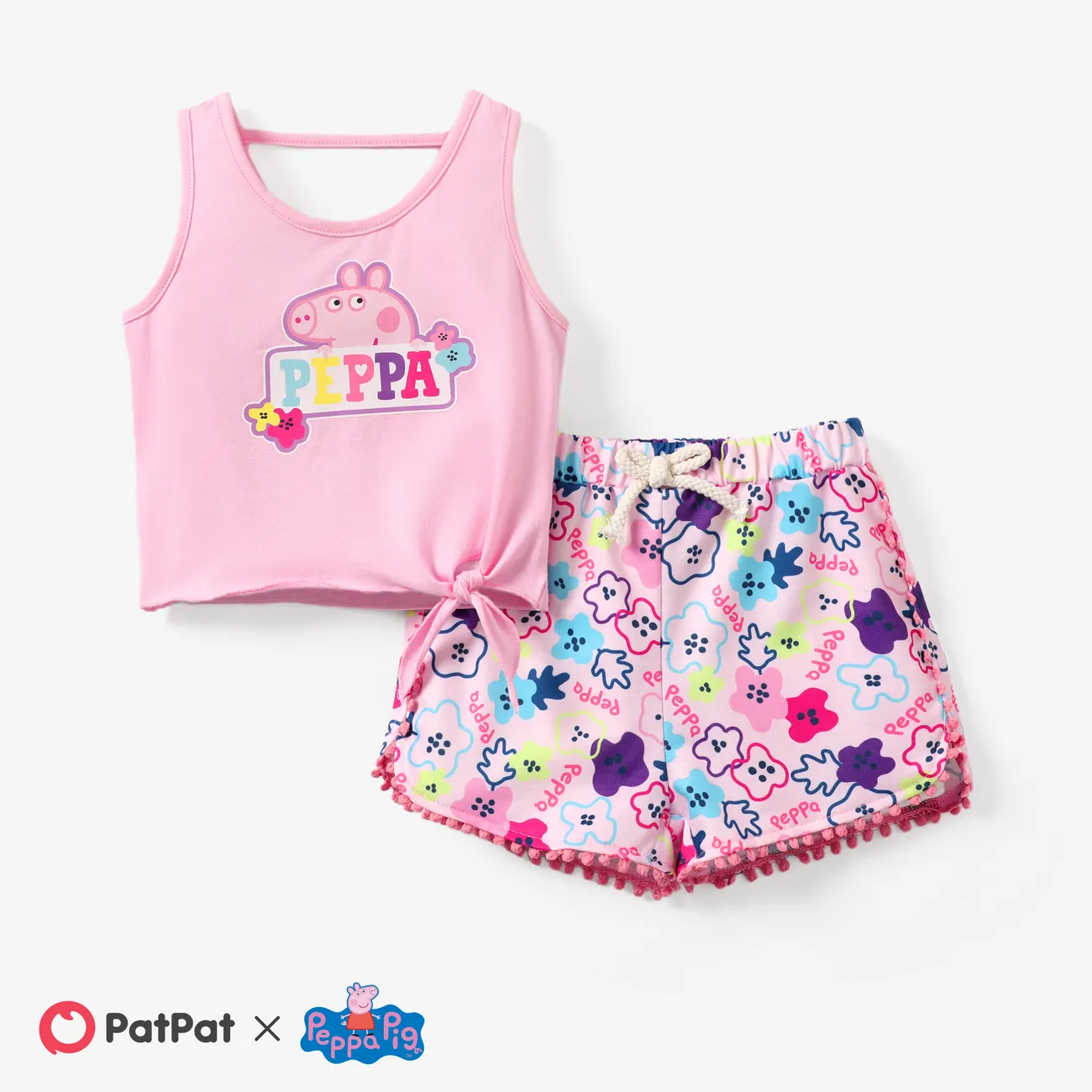 Peppa Pig 2pcs Toddler Girls Character Print Tank Top and Striped/ all-over Floral Print Shorts Set
 Pink big image 1