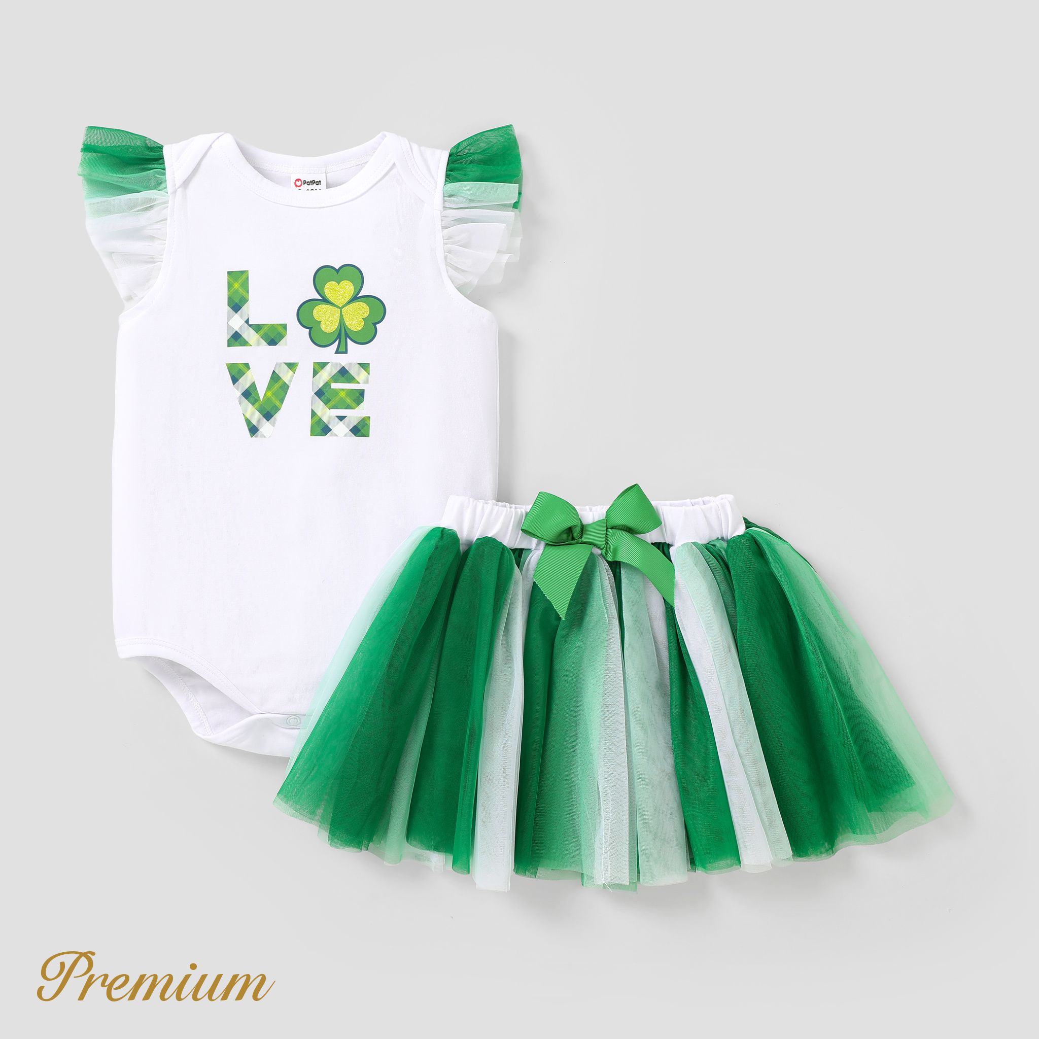 2pcs Baby Girl St. Patrick's Day Elegant Multi-layered Gradual Change Suit-Dress